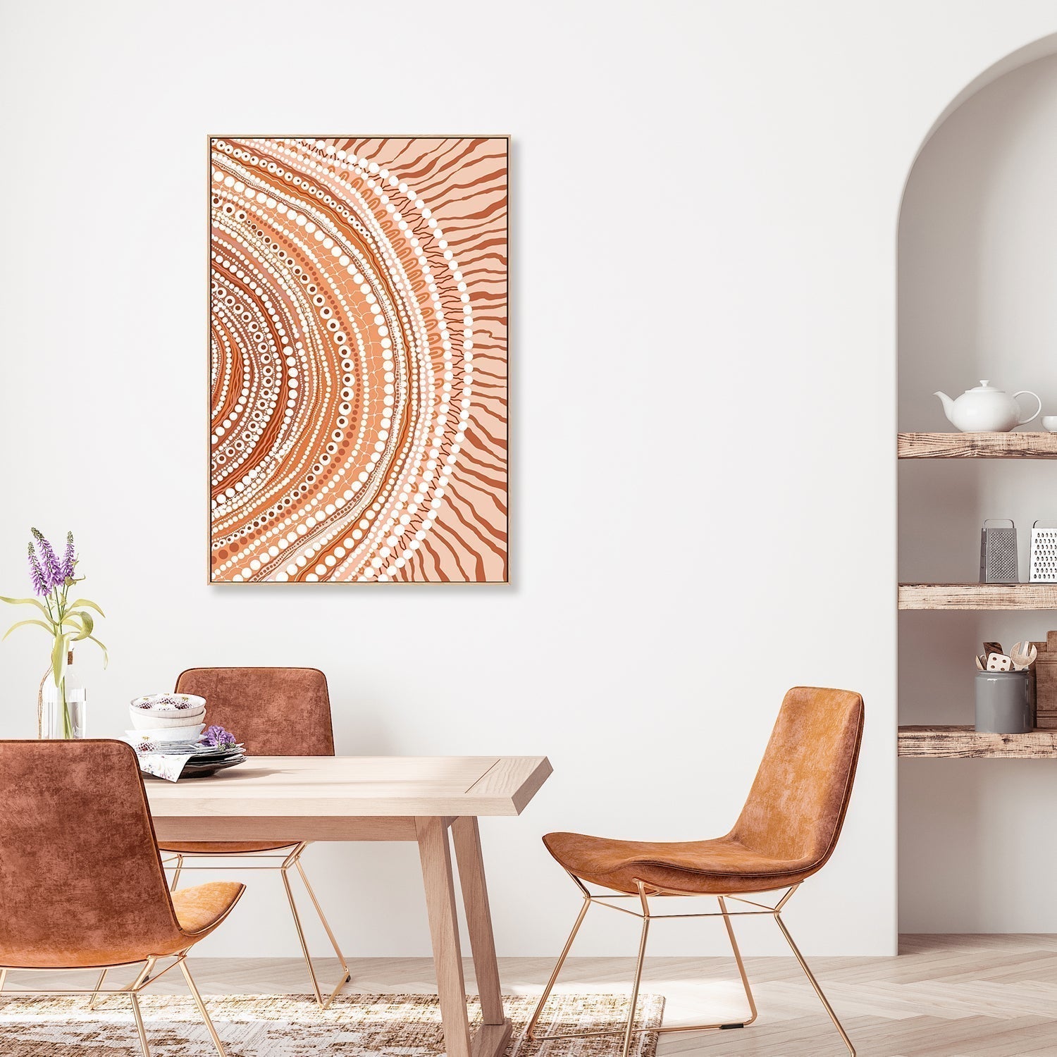 Abstract earthy tones artwork on white wall.