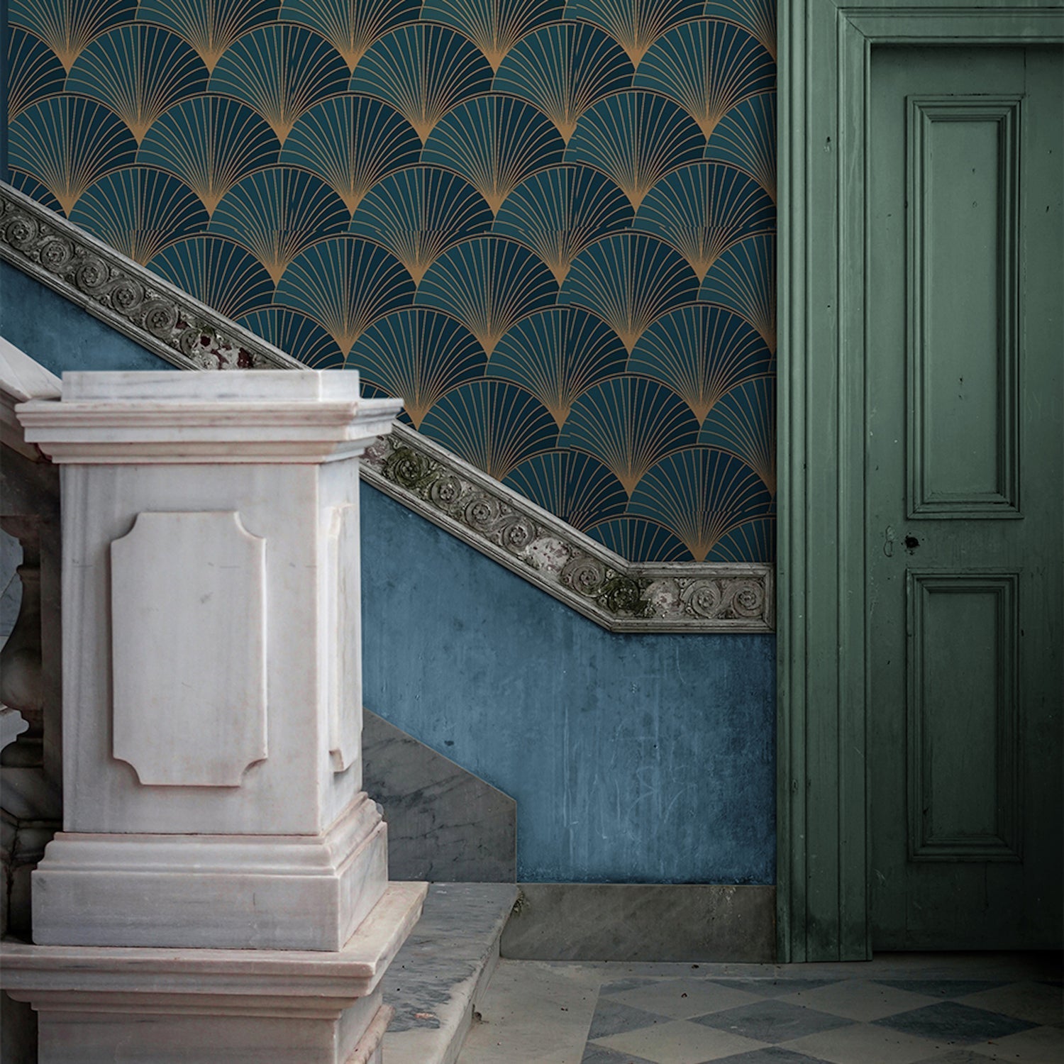 Elegant staircase with ornate railing and patterned wallpaper.