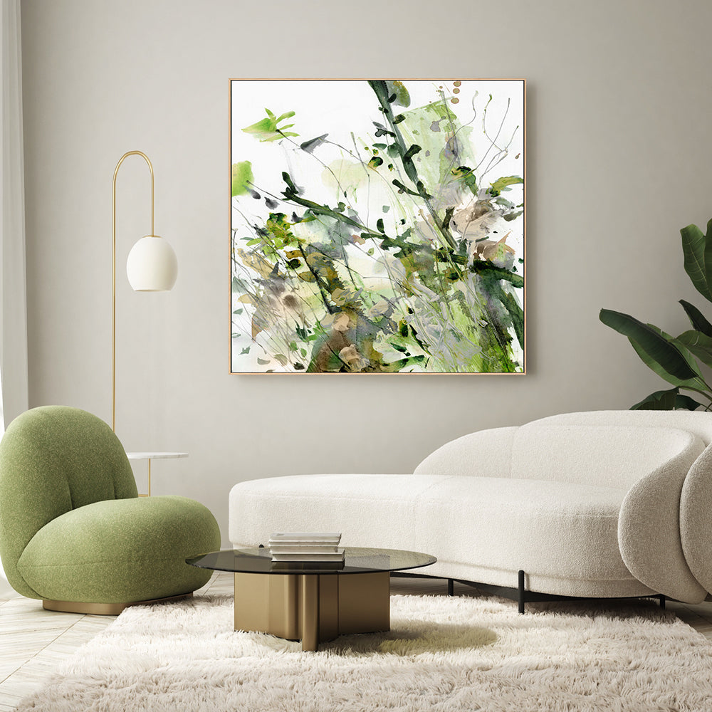 Green And Tan" abstract art in a modern living room.