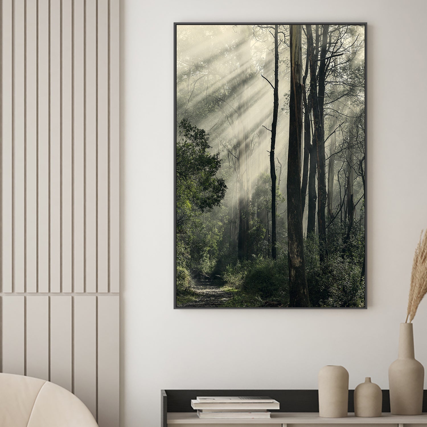 wall-art-print-canvas-poster-framed-Sunbeams through Fog in a Forest, Anóthen , By Andrew Paranavitana-3