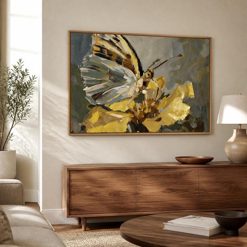 Butterfly on Golden Bloom, hand-painted canvas