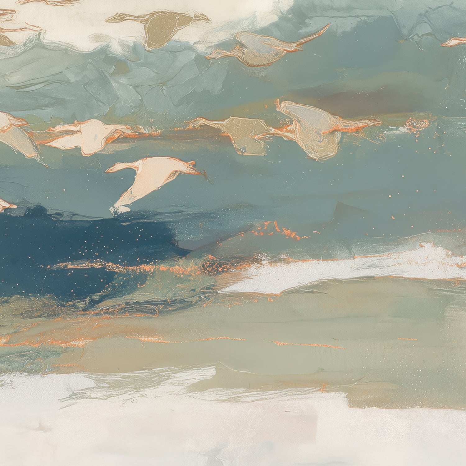 Birds in Flight at Dusk Over Open Water