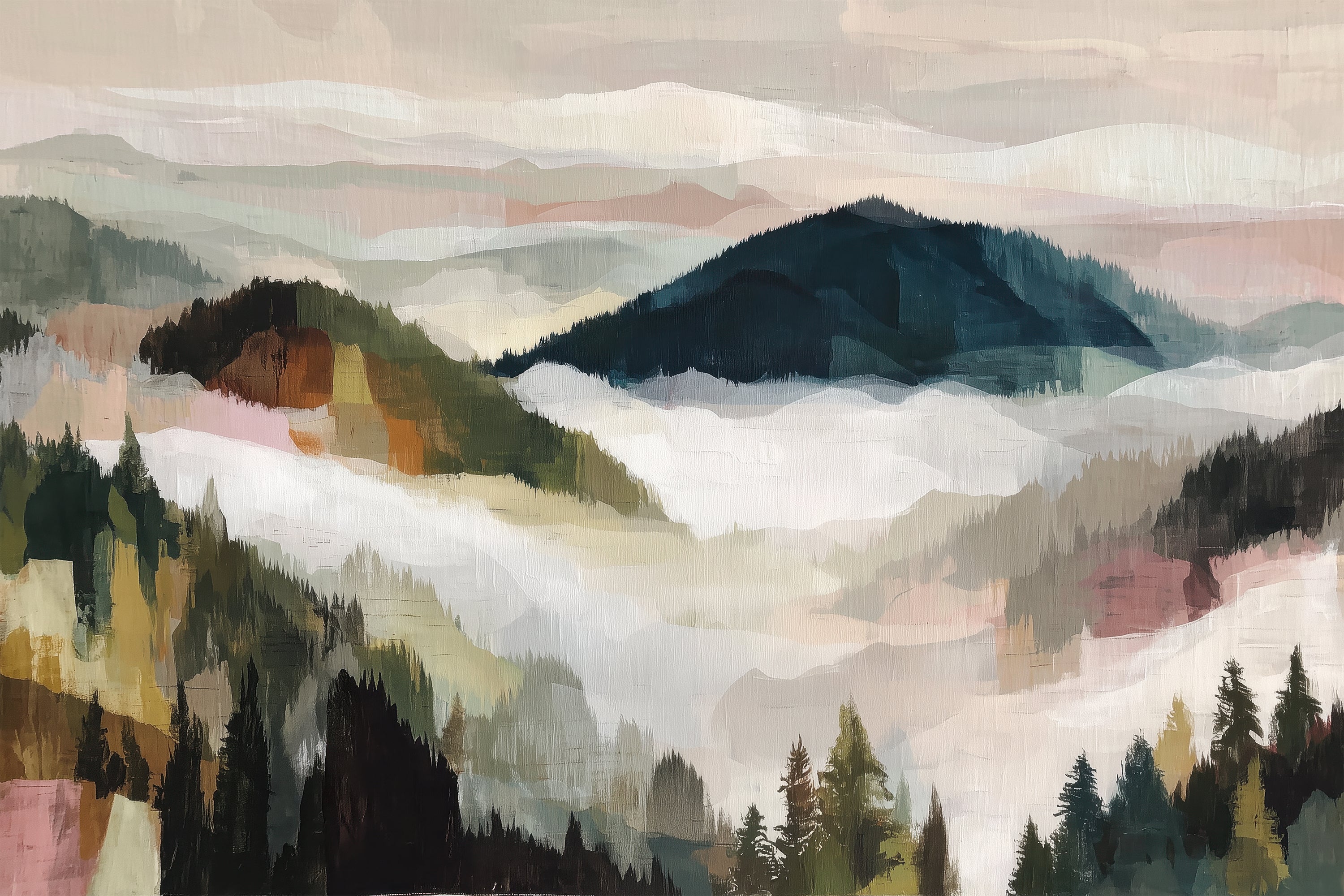 Layered Mountain Valley with Pine Trees