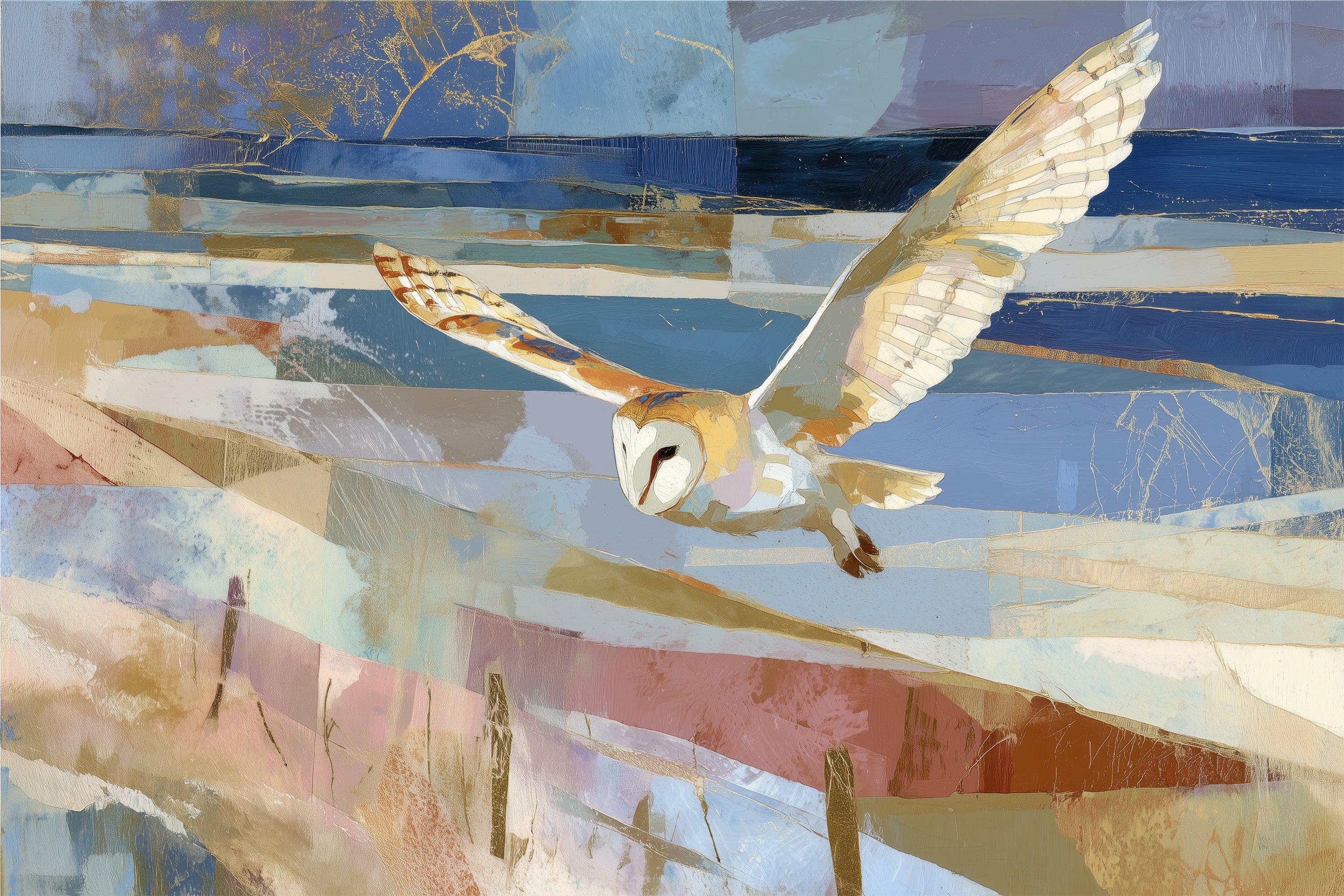 Barn Owl Gliding Over Countryside