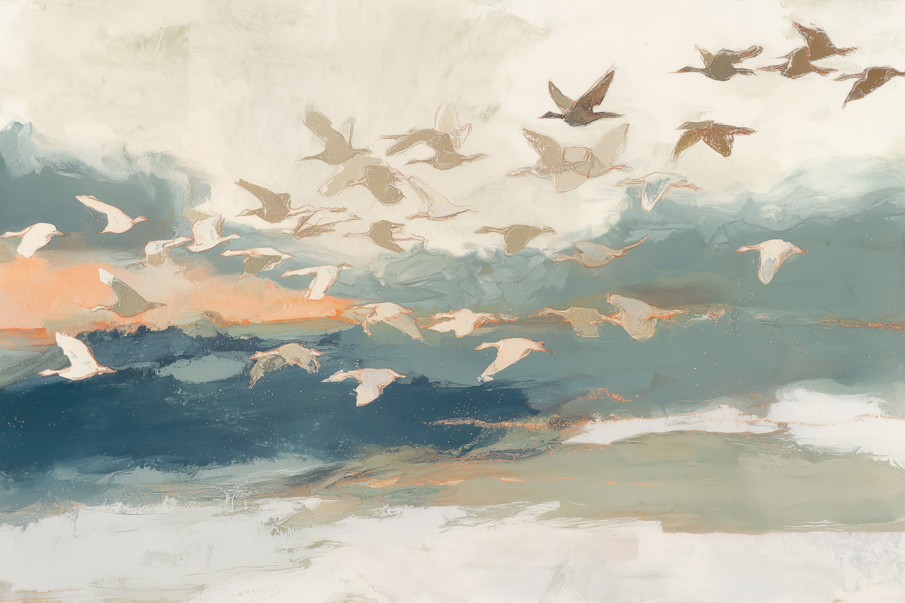 Birds in Flight at Dusk Over Open Water