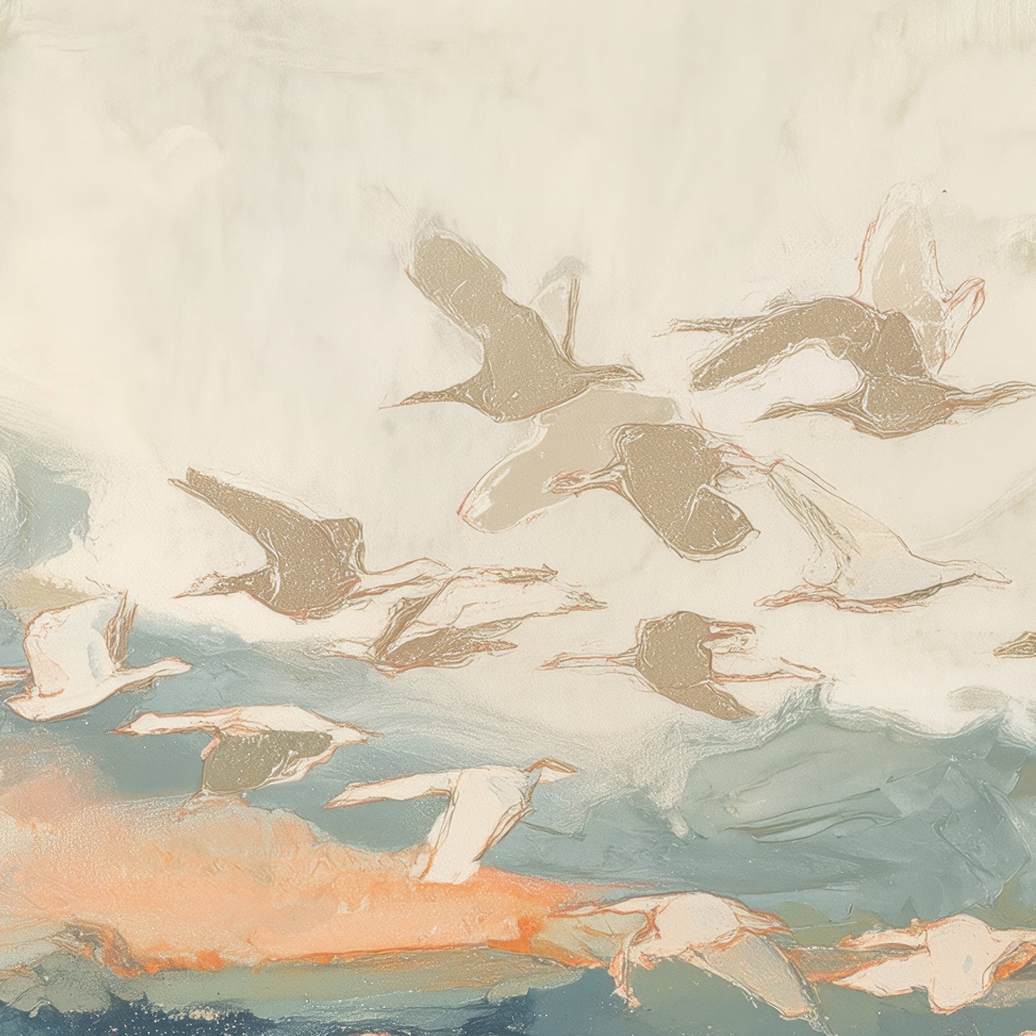 Birds in Flight at Dusk Over Open Water