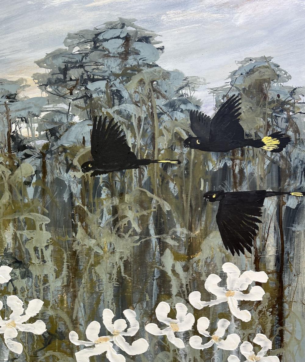 Black Cockatoos over the Flannel Flowers-by-Naomi Crowther Original Artwork-original art-Gioia