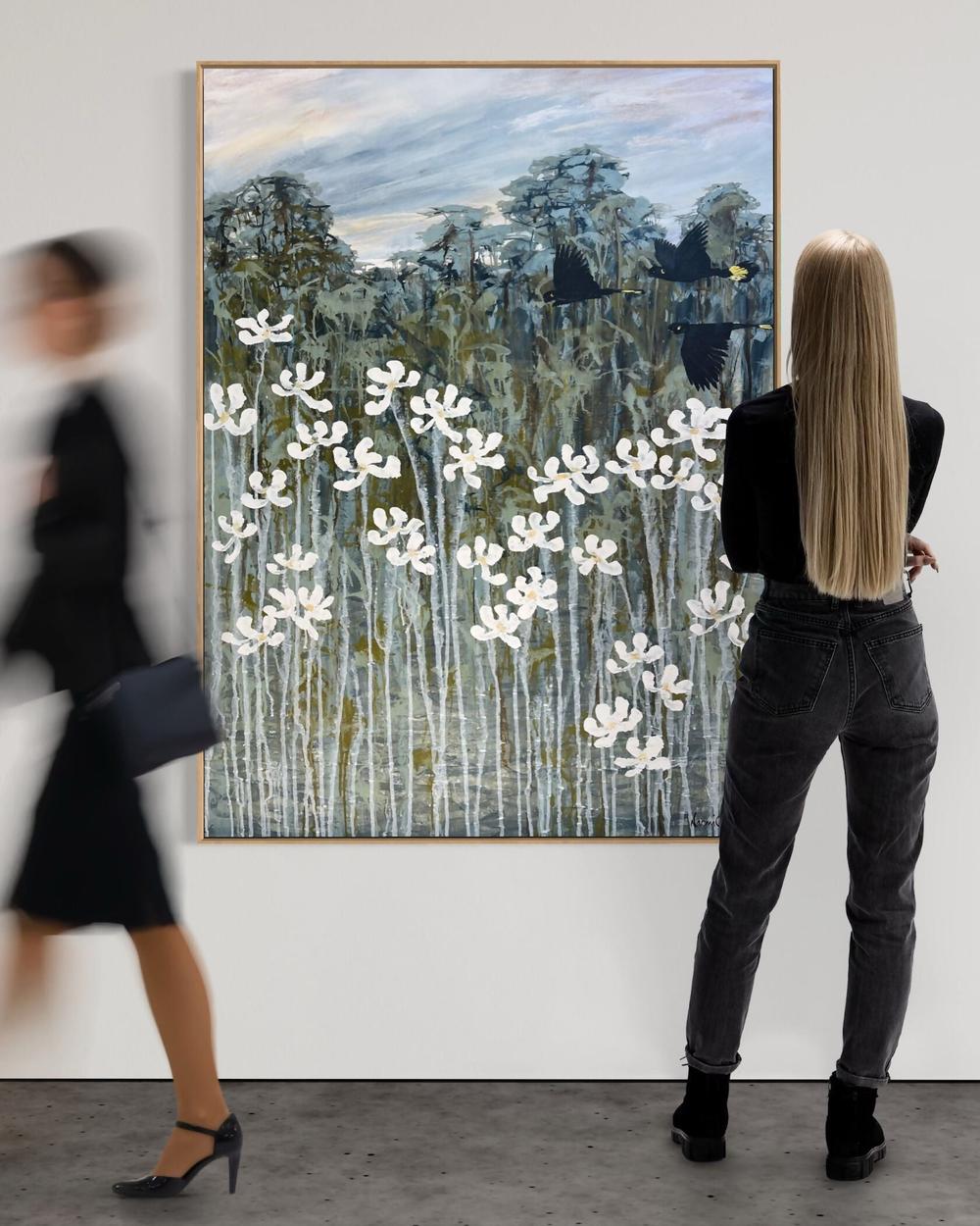 Black Cockatoos over the Flannel Flowers-by-Naomi Crowther Original Artwork-original art-Gioia