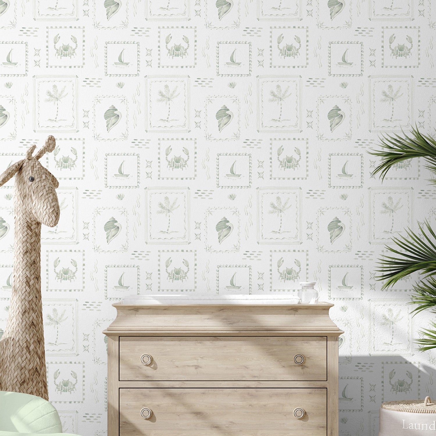 Coastal Stamps On Faded Palm Green-wallpaper-eco-friendly-easy-removal-Gioia Wall Art-2