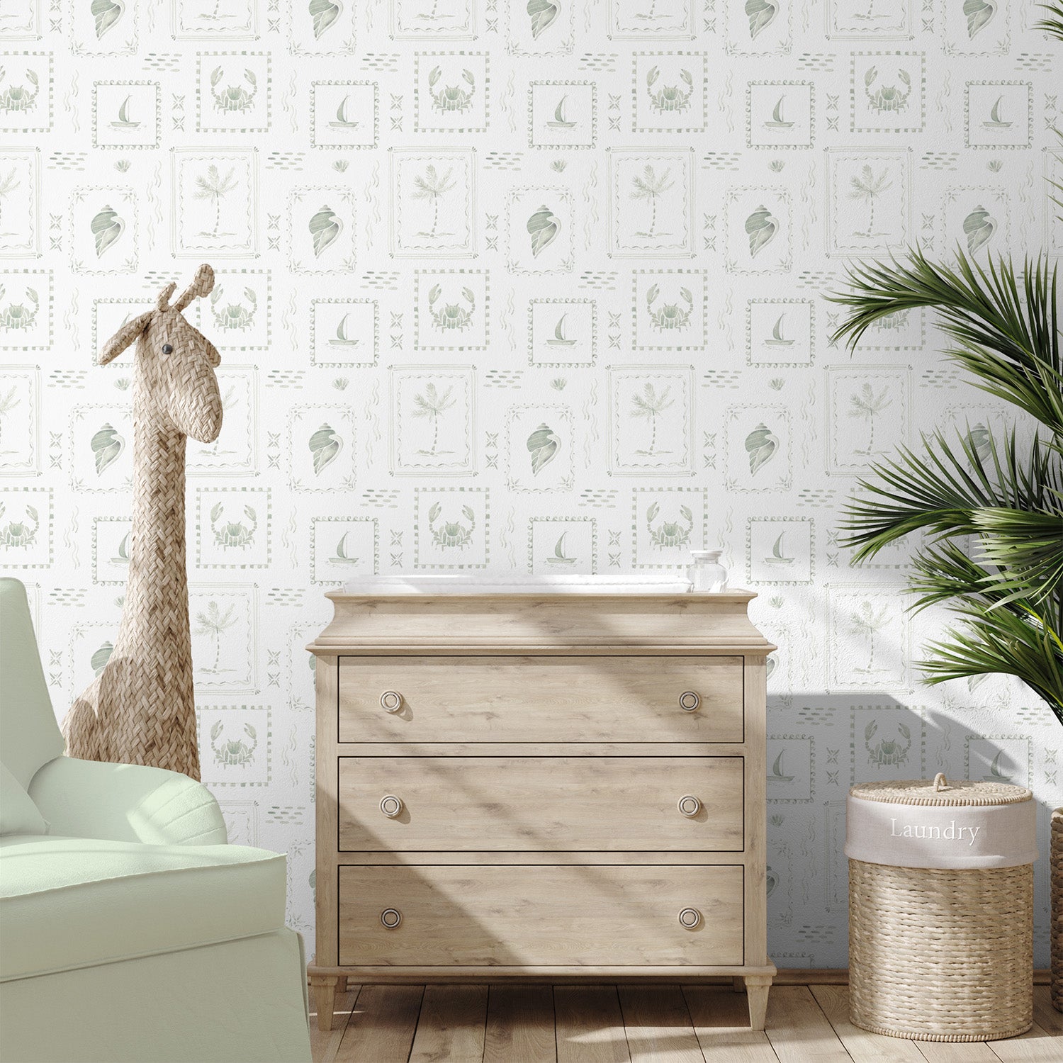 Coastal Stamps On Faded Palm Green-wallpaper-eco-friendly-easy-removal-Gioia Wall Art-5