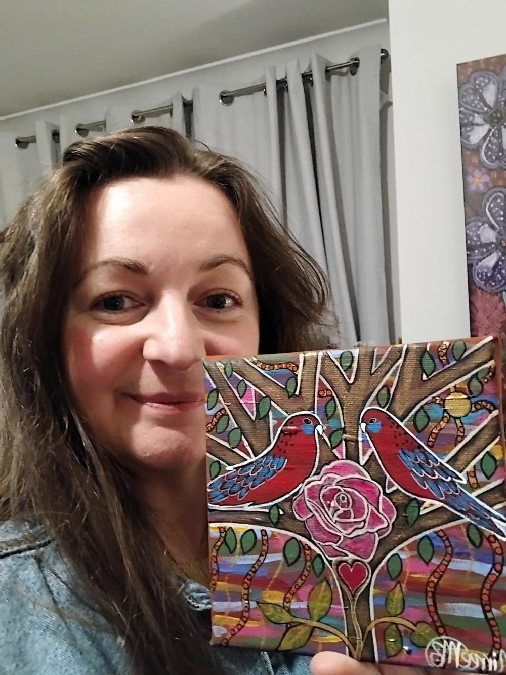 Crimson Rosella Hearts Blossoming Dreaming Contemporary Aboriginal Art Original Painting by Mirree-by-Art by Mirree-original art-Gioia