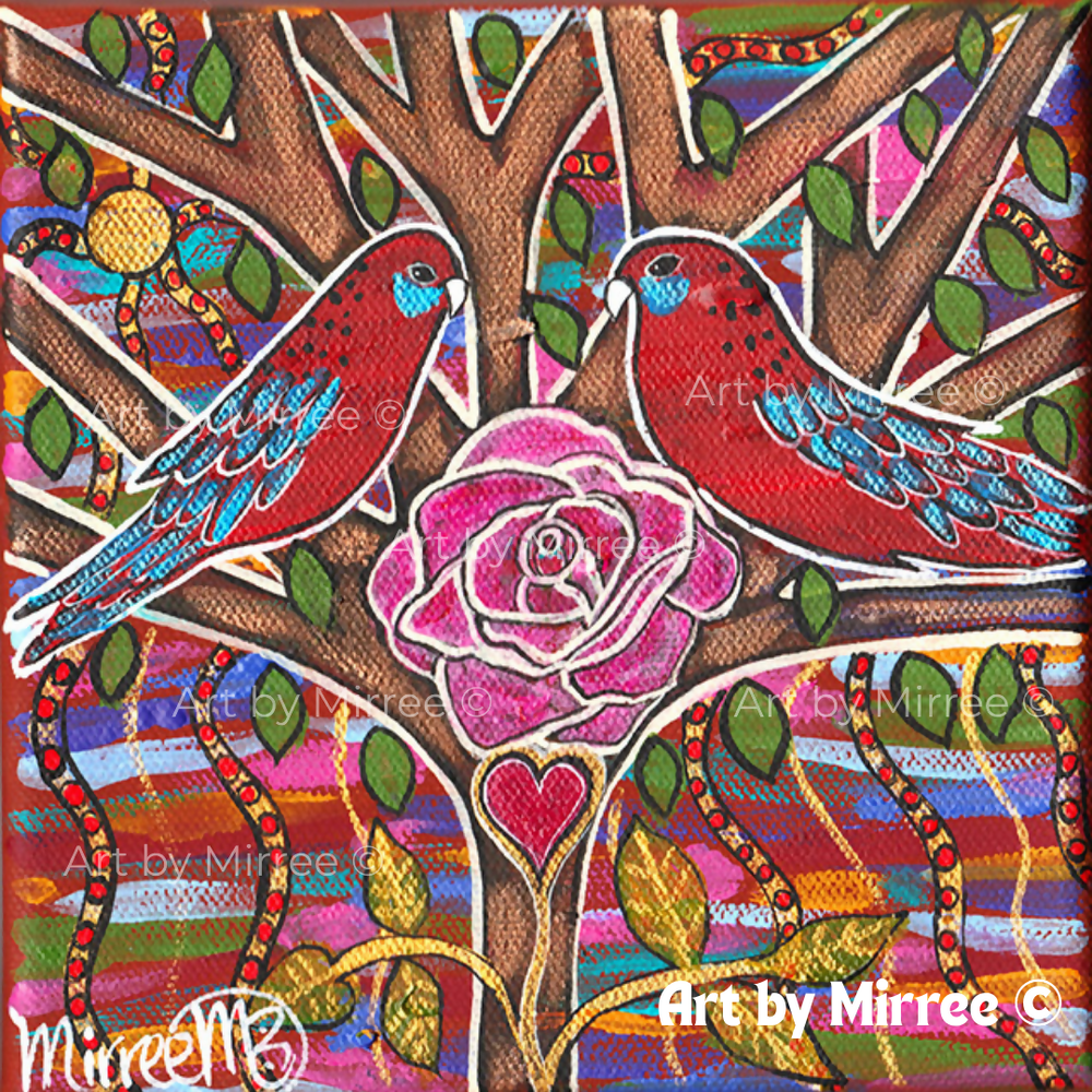 Crimson Rosella Hearts Blossoming Dreaming Contemporary Aboriginal Art Original Painting by Mirree-by-Art by Mirree-original art-Gioia