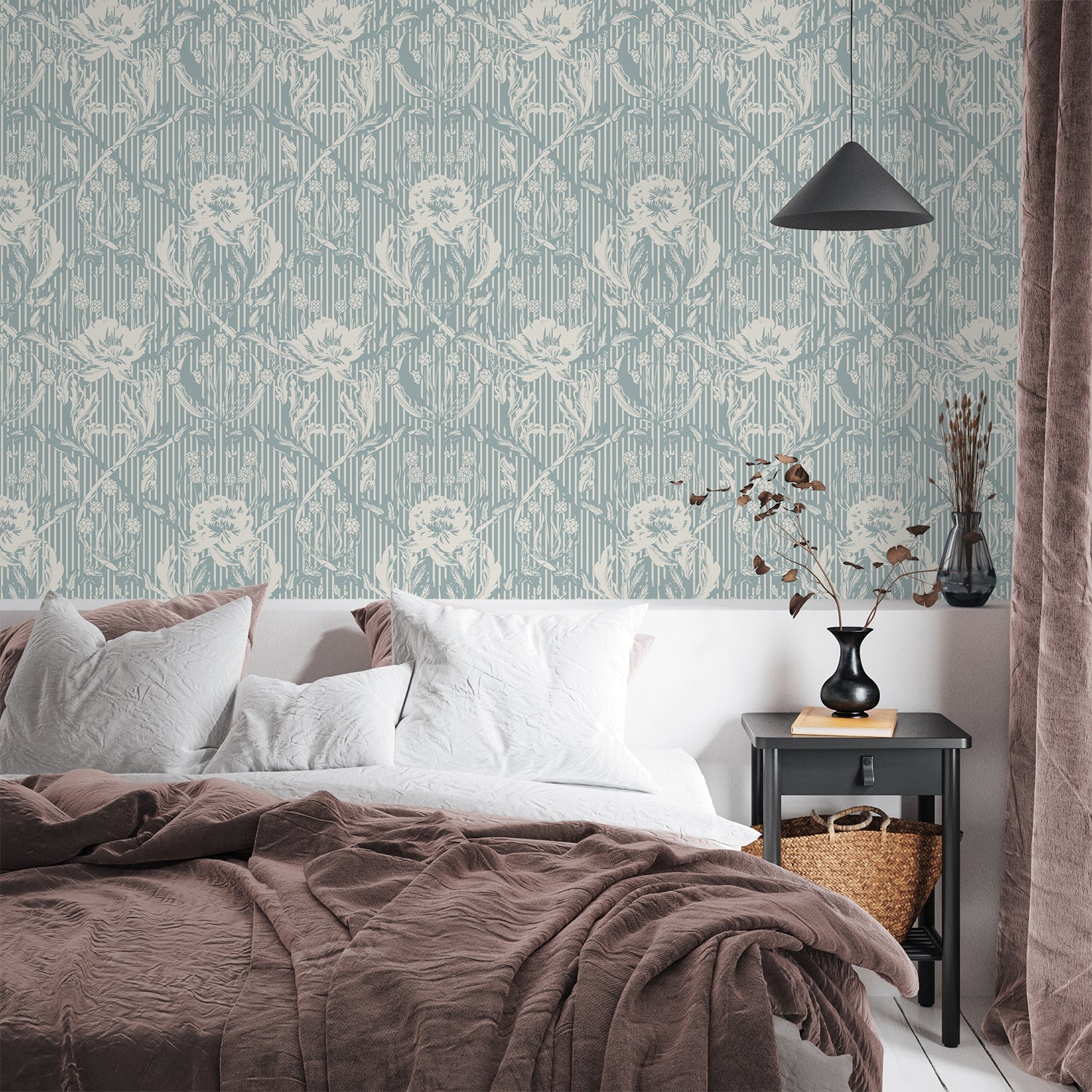 Floral Heritage Morris monochrome stripes chalky blue pattern