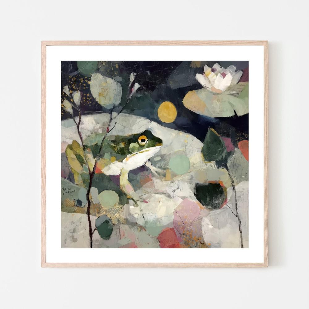 Frog on Lily Pad Under Night Moon