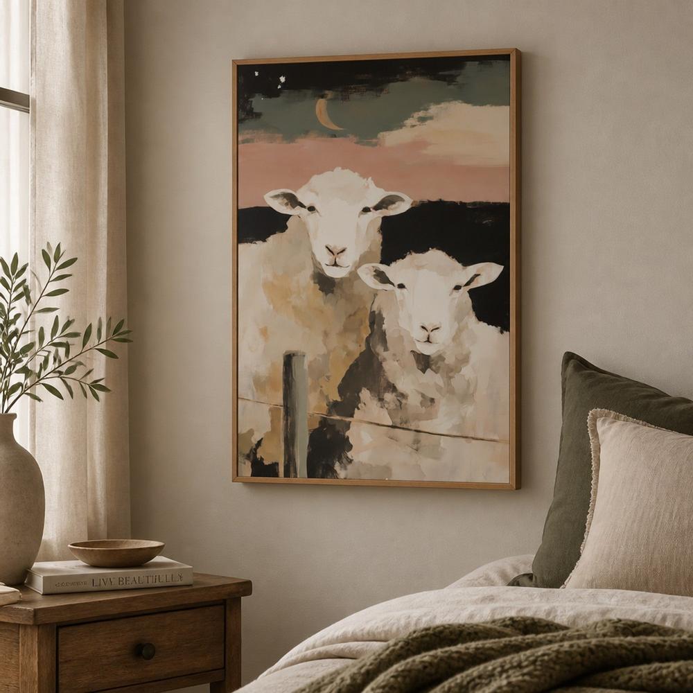 Two Sheep Under Crescent Moon