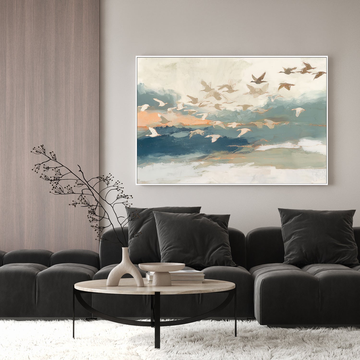 Birds in Flight at Dusk Over Open Water