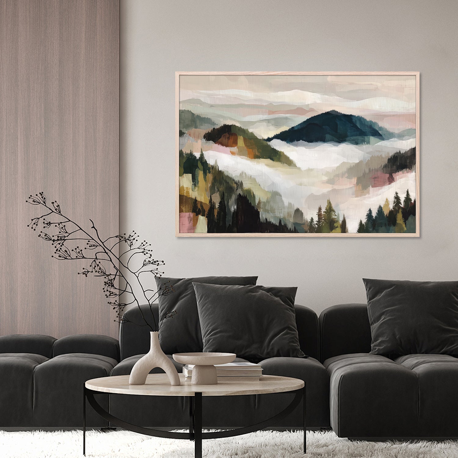 Layered Mountain Valley with Pine Trees