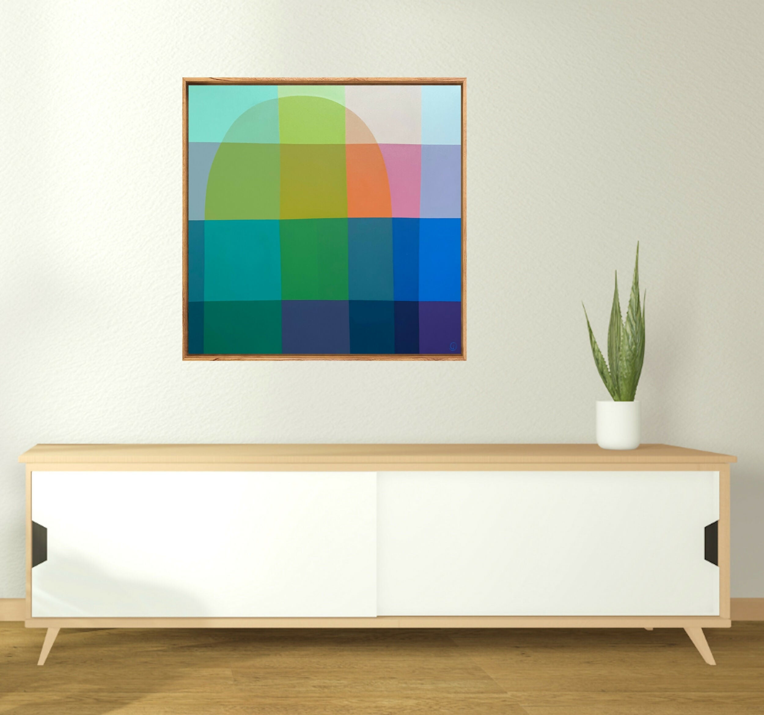 Charlotte De Pace_Bright Side_Abstract Painting_Insitu Above White Sideboard_Gioia Wall Art