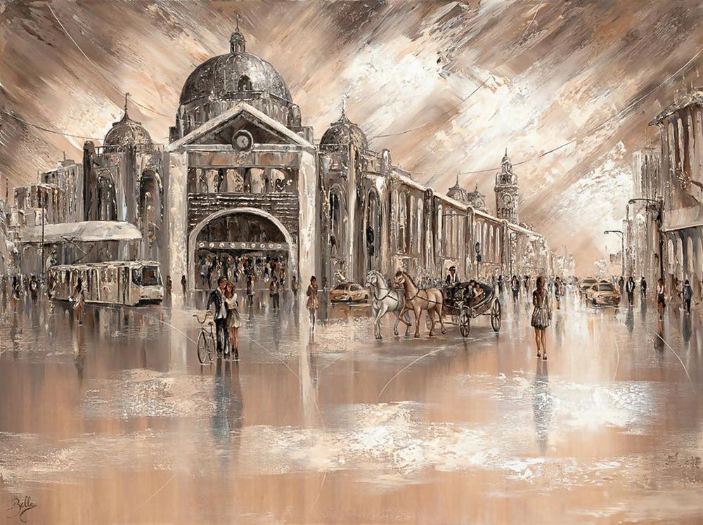 Melbourne Vibes, Flinders Station, Original Hand-Painted Canvas By Isabella Karolewicz , By Isabella Karolewicz-by-Isabella Karolewicz-original art-Gioia