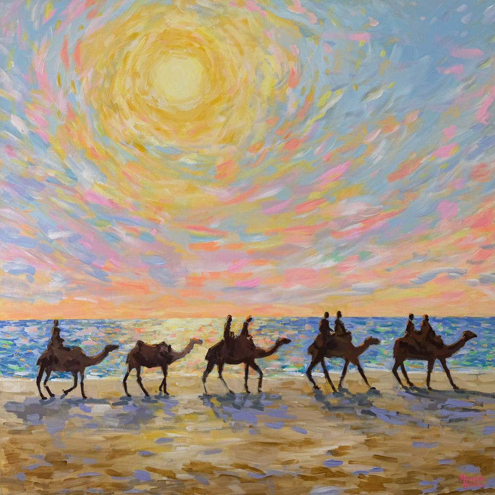 Mindil Beach Sunset Camels. Original hand-painted artwork by Meredith Howse.-by-Meredith Howse Original Art-original art-Gioia