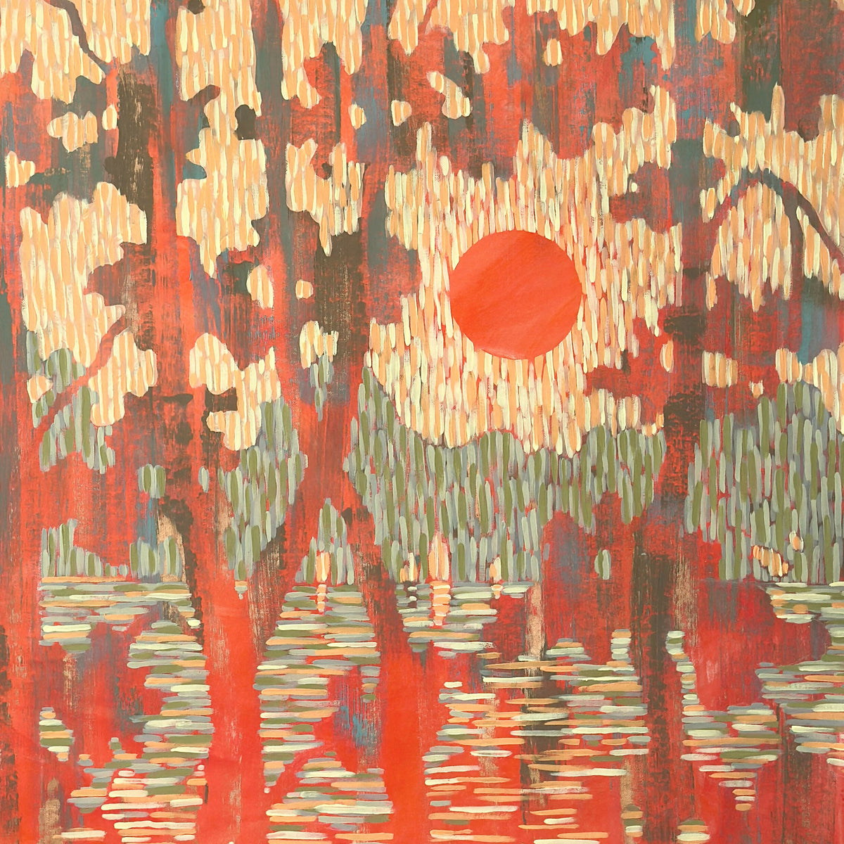 Orange Sunset over the Forest Lake - Original Painting