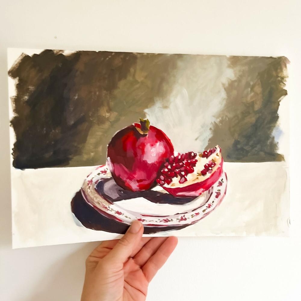 Pomegranate on Vintage Plate , Original Artwork-by-Lucrecia Caporale-original art-Gioia