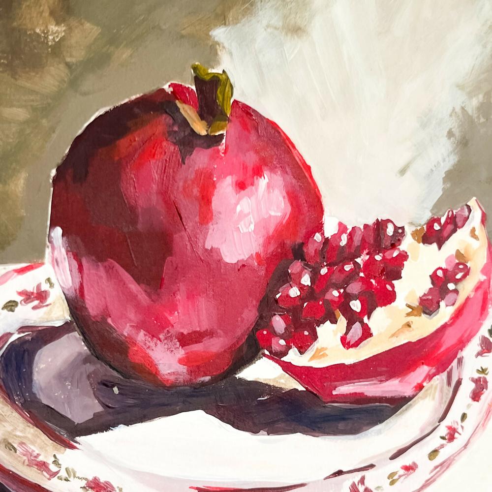 Pomegranate on Vintage Plate , Original Artwork-by-Lucrecia Caporale-original art-Gioia