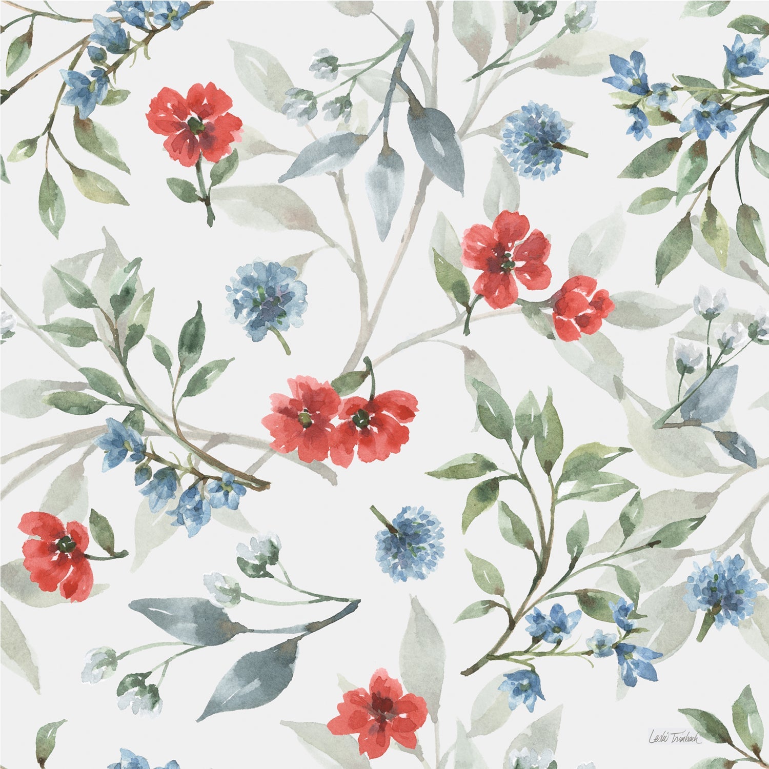 Red White and Blue Floral Pattern, Style B, Wallpaper