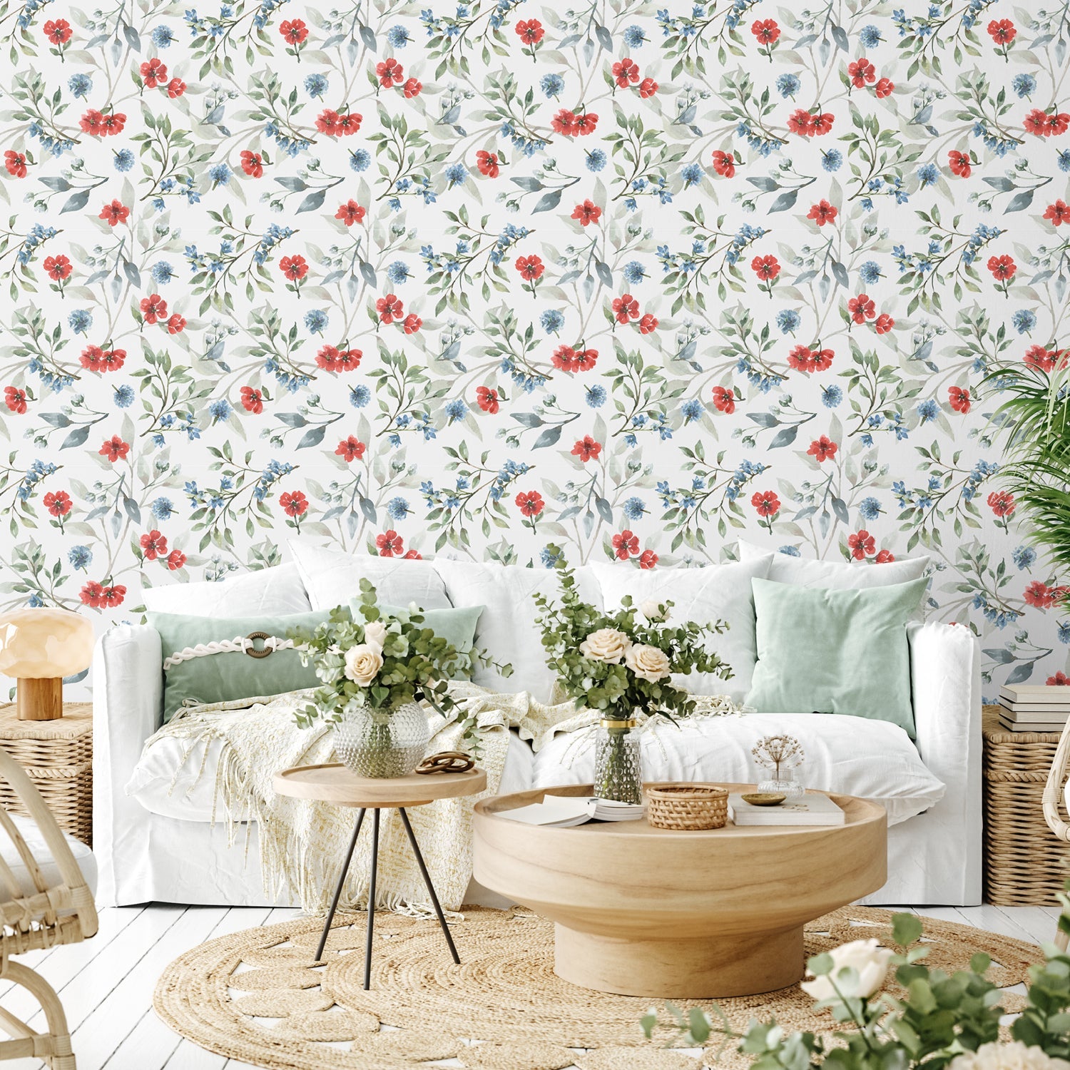 Red White and Blue Floral Pattern, Style B, Wallpaper
