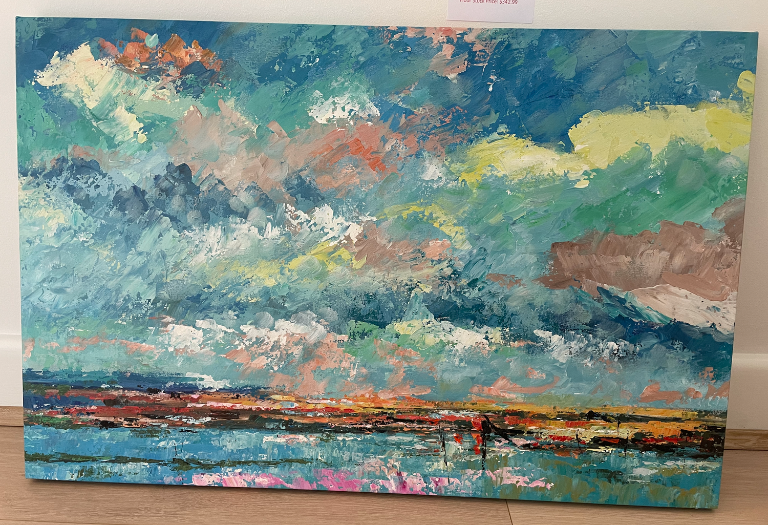 OVER THE BLUE AND GREEN LAKE, HAND-PAINTED STRETCHED CANVAS 60x90cm