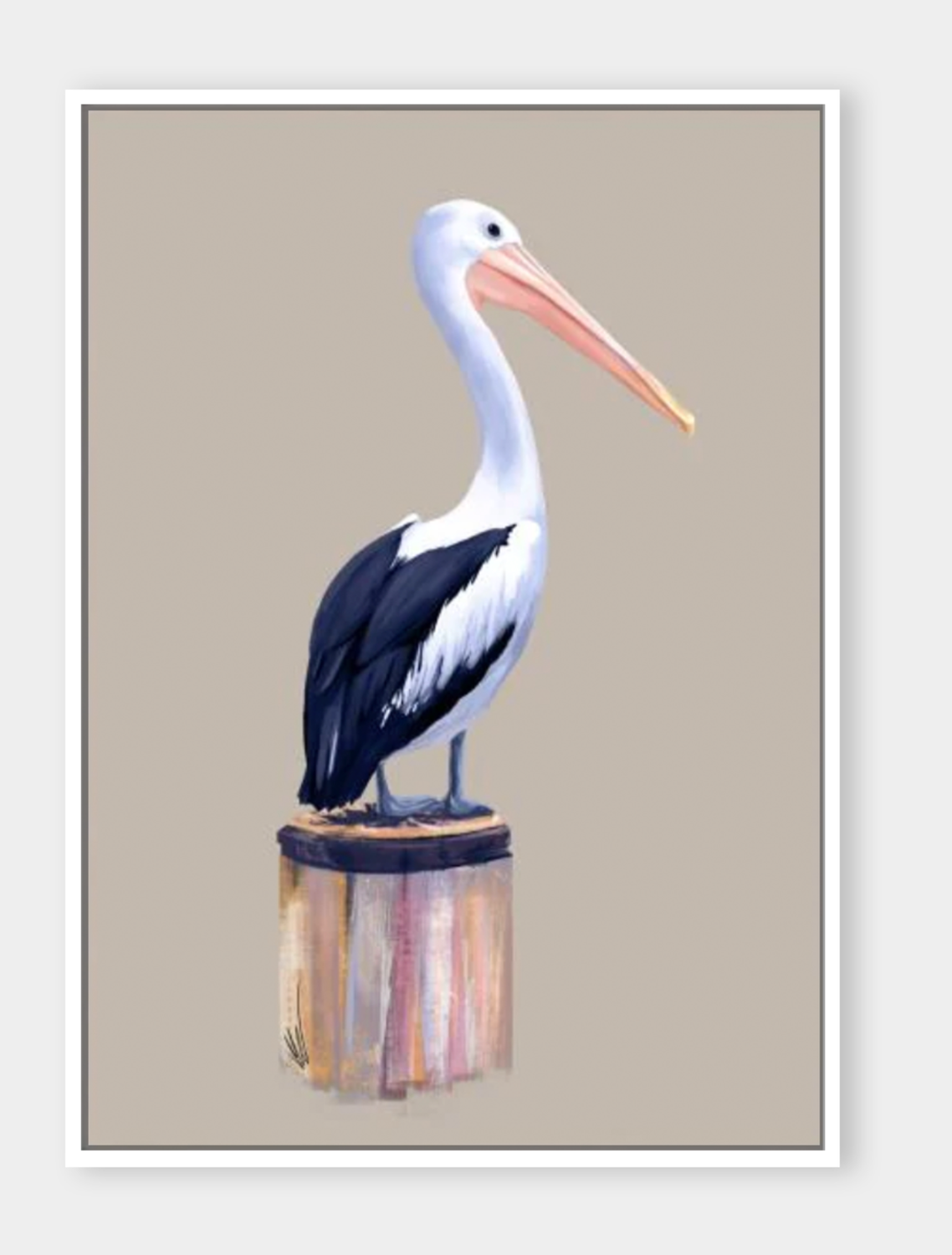 NAVY AND PINK PELICAN ON BEIGE BACKGROUND , BY REEVE KING ART WHITE FRAMED CANVAS 120x180cm