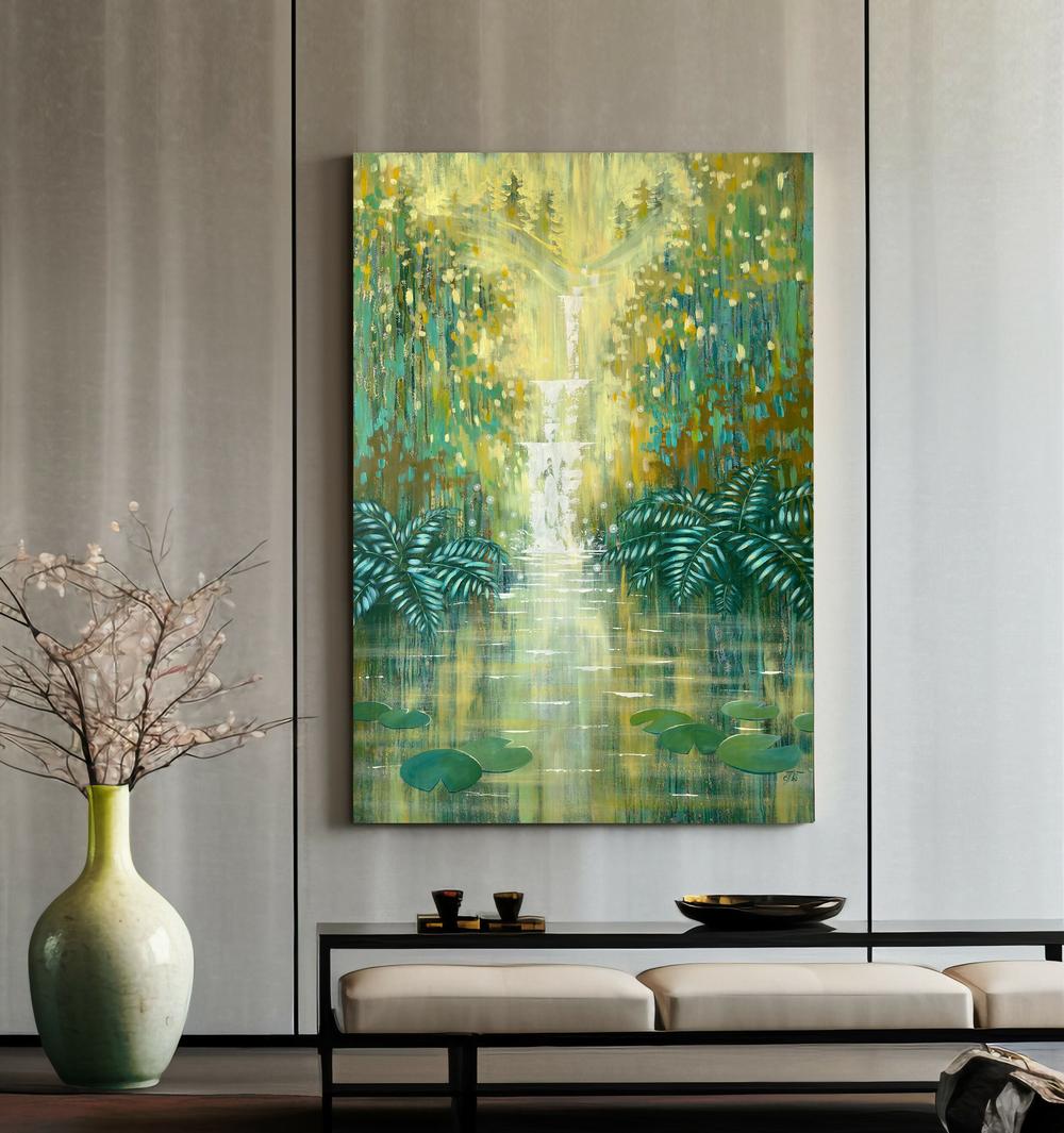 Sparkling Waterfall by an Emerald Forest Pond - Original Artwork-by-Ekaterina Prisich-original art-Gioia