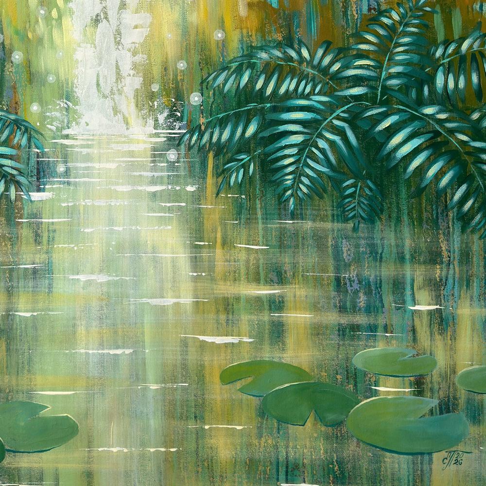 Sparkling Waterfall by an Emerald Forest Pond - Original Artwork-by-Ekaterina Prisich-original art-Gioia