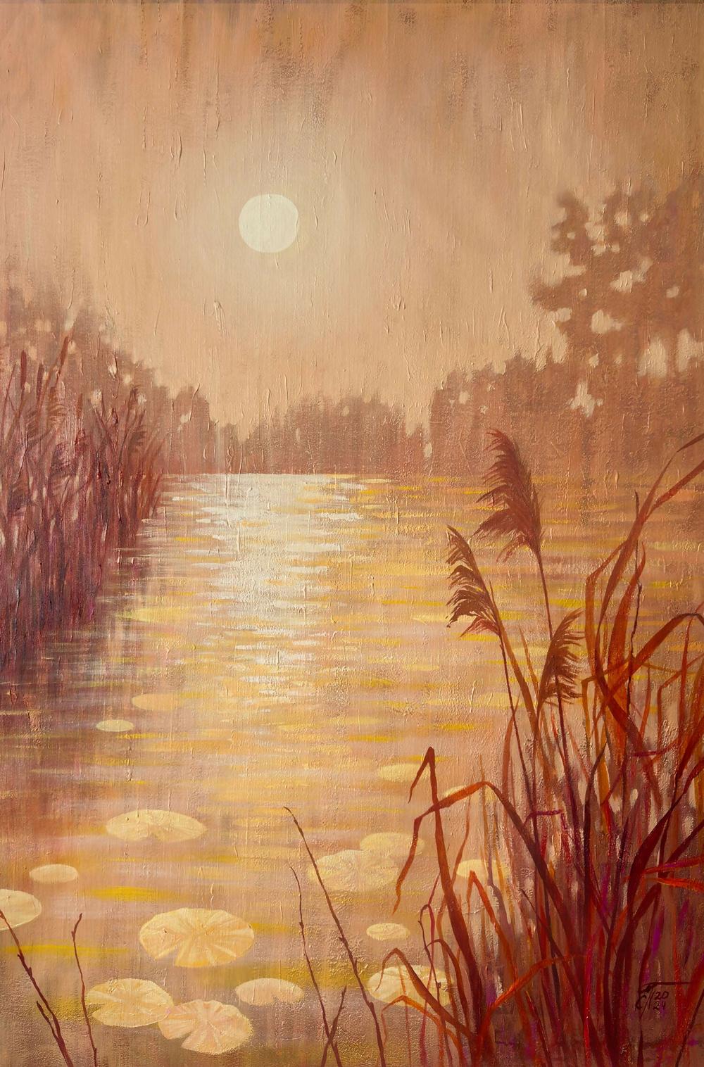 Sunset Pond With Reeds, Original Hand-painted Canvas by Ekaterina Prisich-by-Ekaterina Prisich-original art-Gioia