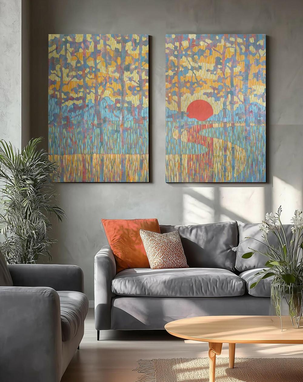 Sunset on the River. Diptych. Original Artwork-by-Ekaterina Prisich-original art-Gioia