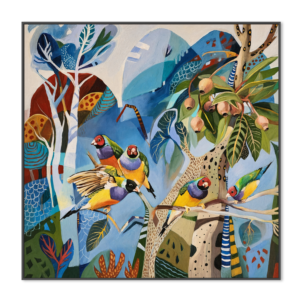 Gouldian Finches on Blue