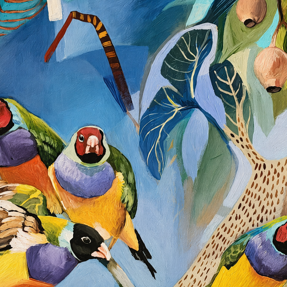 Gouldian Finches on Blue