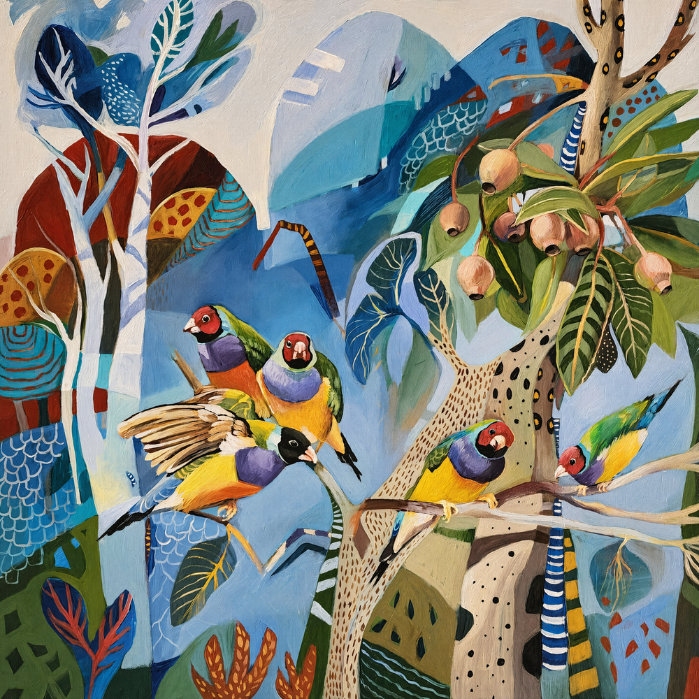 Gouldian Finches on Blue