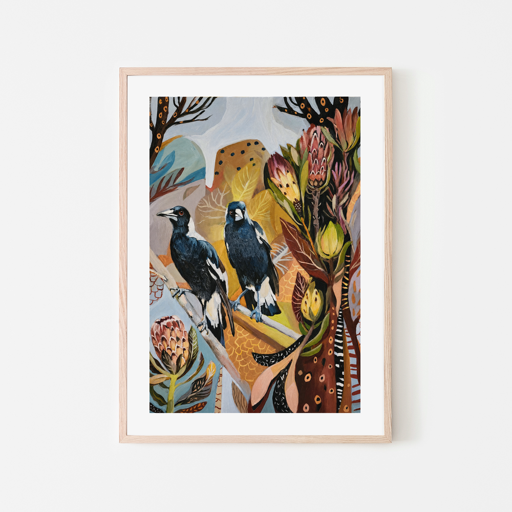 Magpies with Protea