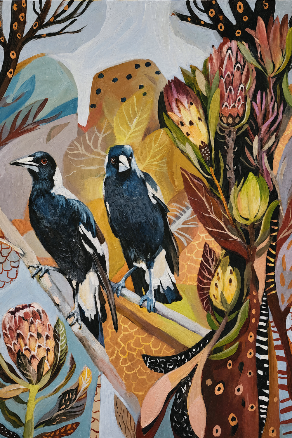 Magpies with Protea