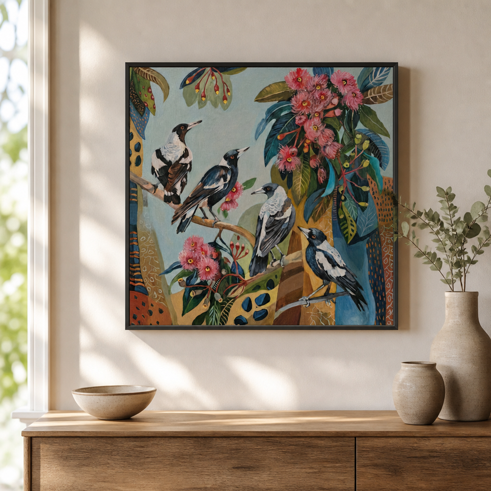 Magpies with Pink Gum Blossom