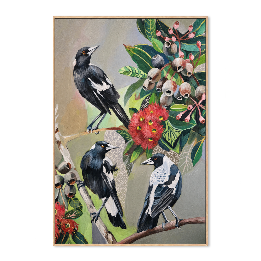 Magpies with Red Gum Blossom