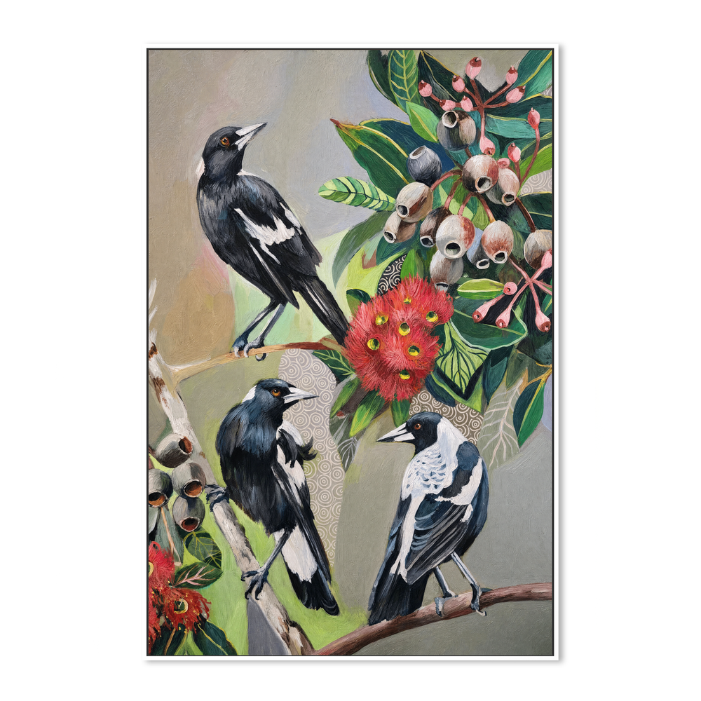 Magpies with Red Gum Blossom