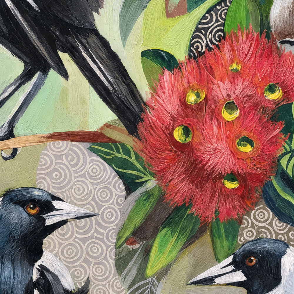 Magpies with Red Gum Blossom