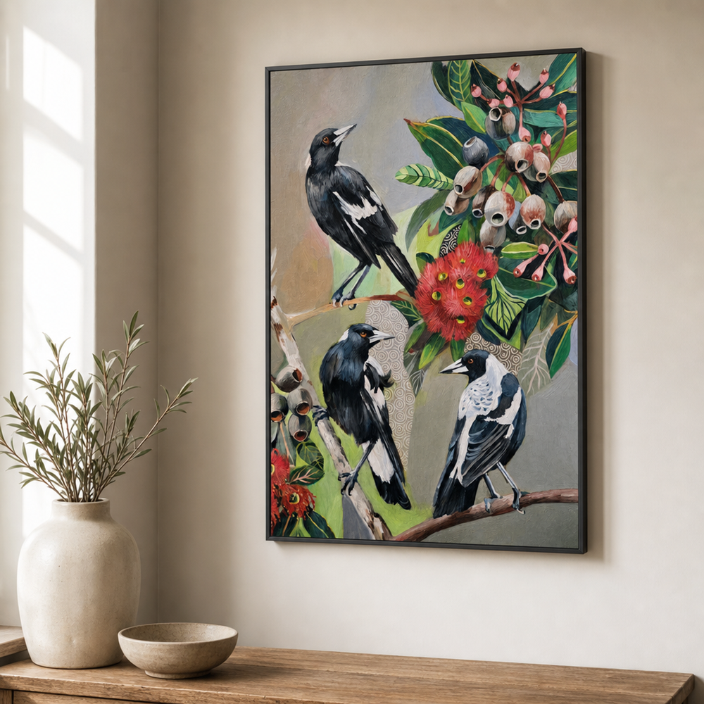 Magpies with Red Gum Blossom