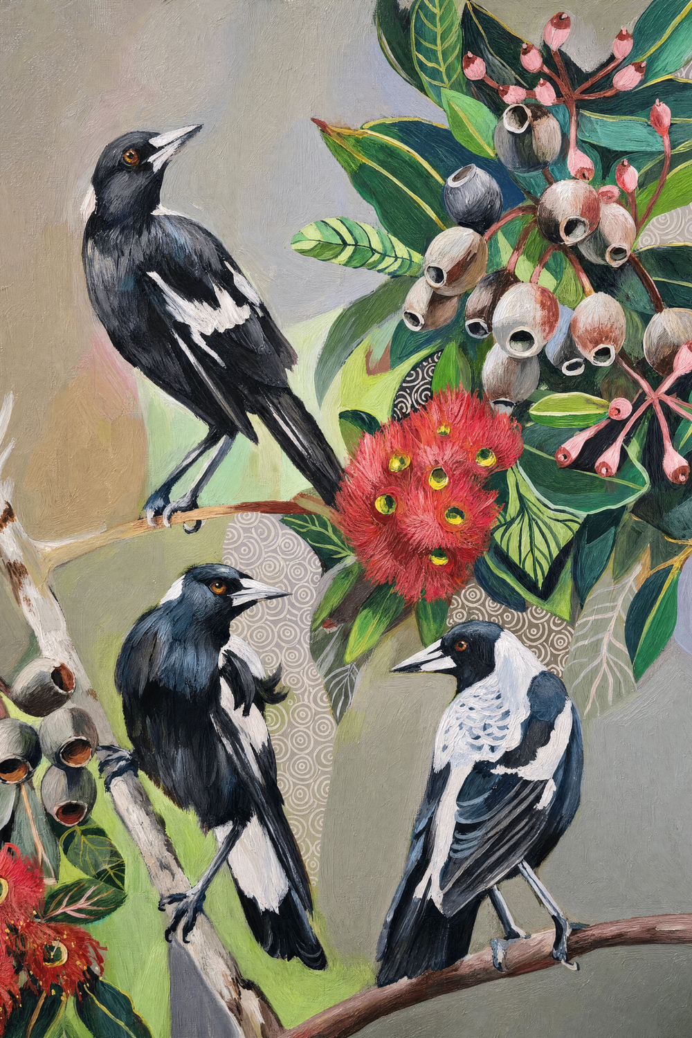 Magpies with Red Gum Blossom