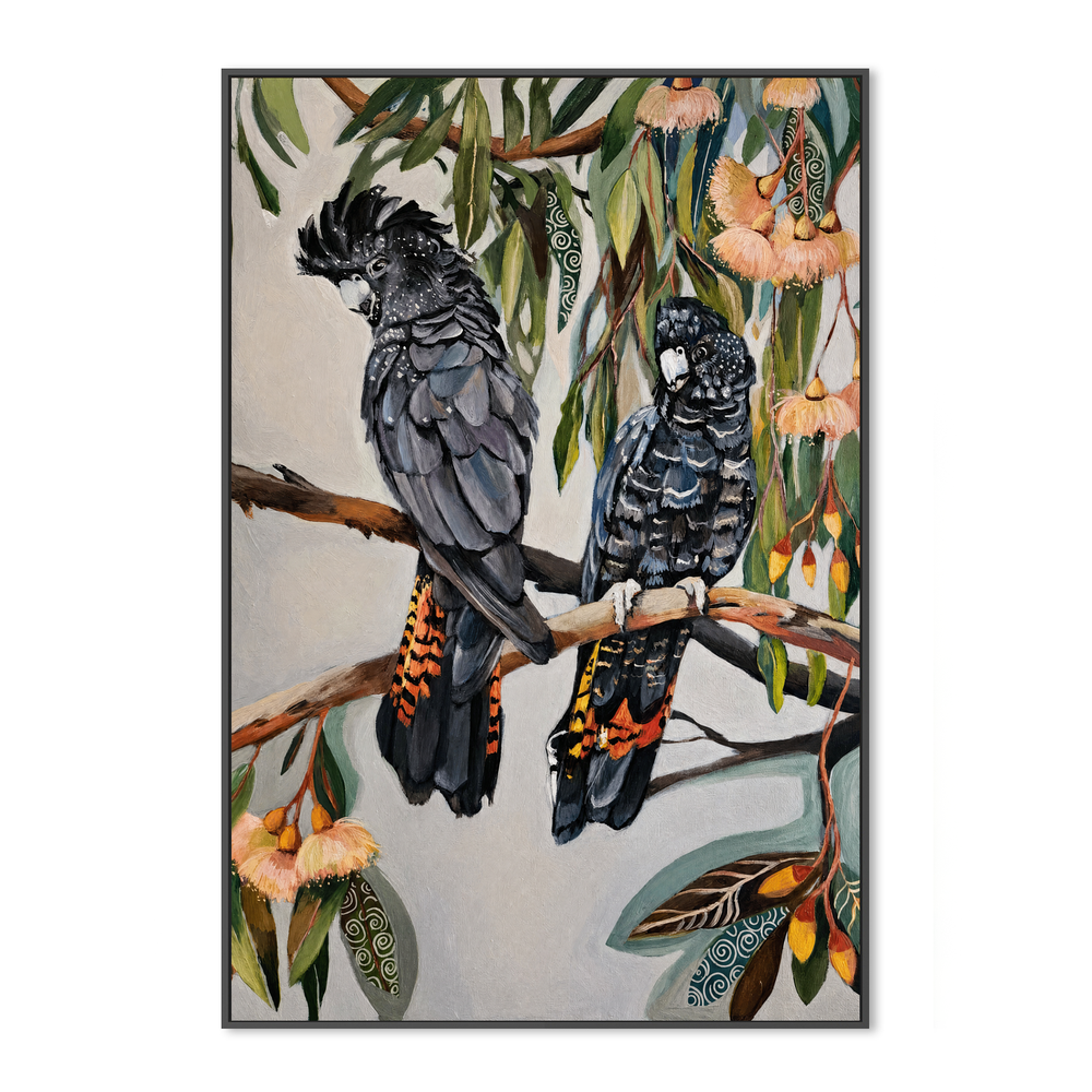 Black Cockatoos with Peach Gum Blossom