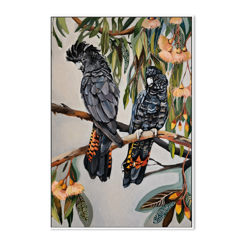 Black Cockatoos with Peach Gum Blossom