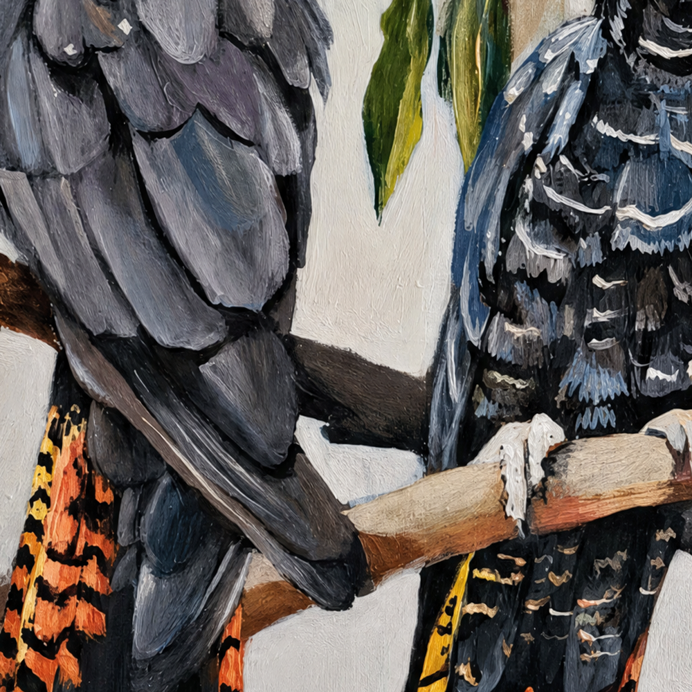 Black Cockatoos with Peach Gum Blossom