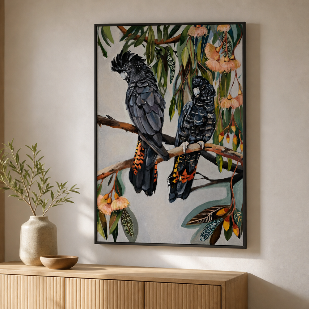 Black Cockatoos with Peach Gum Blossom